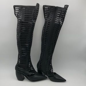 NWOB Jeffrey Campbell Laser Cutout Caged Over Leather Knee High Boots